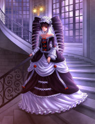 Rule 34 | 1girl, bare shoulders, black dress, black nails, bonnet, celestia ludenberg, closed mouth, commentary request, danganronpa: trigger happy havoc, danganronpa (series), dress, drill hair, fon (forevermenories), frilled dress, frilled sleeves, frills, full body, highres, lipstick, long dress, long hair, long sleeves, looking at viewer, makeup, nail polish, off-shoulder dress, off shoulder, red lips, smile, solo, stairs, twin drills, window