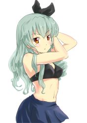 10s 1girl :o adjusting_hair alternate_hairstyle anchovy_(girls_und_panzer) anzio_school_uniform black_bra black_ribbon black_skirt blurry blush bra breasts buchikaki commentary cowboy_shot drill_hair girls_und_panzer green_hair hair_down hair_ribbon highres light_blush long_hair looking_at_viewer medium_breasts miniskirt navel no_shirt parted_lips pleated_skirt red_eyes ribbon school_uniform simple_background skirt solo standing twin_drills twintails underwear white_background