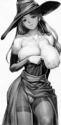 Rule 34 | 1girl, bare shoulders, breasts, cleavage, crotch seam, detached sleeves, dragon&#039;s crown, covered erect nipples, greyscale, hat, highres, huge breasts, iruma kamiri, long hair, monochrome, panties, panties under pantyhose, pantyhose, side slit, solo, sorceress (dragon&#039;s crown), thighband pantyhose, thighs, underwear, witch hat