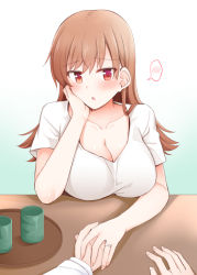 Rule 34 | 1girl, 1other, alternate costume, blouse, breast rest, breasts, breasts on table, brown eyes, brown hair, cleavage, collarbone, cup, dated, gradient background, holding hands, jewelry, kantai collection, large breasts, long hair, looking at viewer, ooi (kancolle), pov, ring, rui shi (rayze ray), shirt, solo, solo focus, spoken blush, tray, upper body, wedding band, white background, white shirt, yunomi