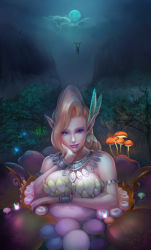 Rule 34 | 1boy, 1girl, absurdres, aircraft, armlet, blonde hair, bracelet, breasts, cleavage, eyeshadow, fairy, fireflies, glider, glowing, great fairy (zelda), great fairy cotera, highres, jewelry, large breasts, link, looking at viewer, makeup, midair, moon, mountain, mushroom, nail polish, necklace, night, night sky, nintendo, renfan aky, sky, smile, solo focus, the legend of zelda, the legend of zelda: breath of the wild, tree