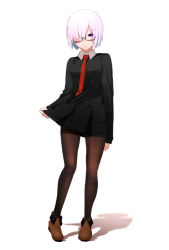 Rule 34 | 1girl, alternate costume, benbe, black pantyhose, dress, fate/grand order, fate (series), full body, glasses, hair over one eye, looking at viewer, mash kyrielight, necktie, pantyhose, pleated dress, purple eyes, purple hair, short dress, solo, thighband pantyhose