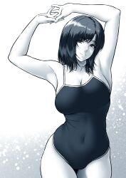 1girl absurdres armpits arms_up breasts cleavage closed_mouth collarbone commentary_request covered_navel highres large_breasts lioreo looking_at_viewer monochrome one-piece_swimsuit original smile solo standing swimsuit