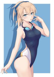 Rule 34 | 1girl, akanbe, black one-piece swimsuit, blonde hair, blue background, blue eyes, border, competition swimsuit, cowboy shot, eyelid pull, goggles, goggles around neck, hair ribbon, highres, long hair, multicolored clothes, multicolored swimsuit, one-piece swimsuit, original, rei (09991), ribbon, solo, swimsuit, tongue, tongue out, white border