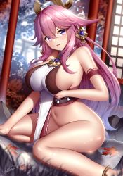 Rule 34 | 1girl, anklet, areola slip, bare shoulders, blush, breasts, crossed bangs, genshin impact, hair ornament, highres, japanese clothes, jewelry, large breasts, leaf, long hair, looking at viewer, maple leaf, miko, navel, parted lips, pink hair, purple eyes, sideboob, solo, thighs, tongue, tongue out, water, wsman, yae miko