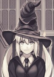 Rule 34 | 1girl, absurdres, artoria caster (fate), artoria pendragon (fate), blue eyes, breasts, candle, closed mouth, collar, fate/grand order, fate (series), greyscale, hair between eyes, hair ribbon, harry potter (series), hat, highres, hisato nago, hogwarts school uniform, long sleeves, looking up, medium breasts, monochrome, necktie, ornament, ribbon, school uniform, simple background, solo, sorting hat, twintails, window, witch hat, wizarding world