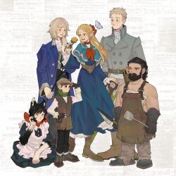 Rule 34 | 3boys, 3girls, alternate costume, apron, beard, blacksmith, boots, chilchuck tims, contemporary, dungeon meshi, dwarf, elf, enmaided, facial hair, falin touden, falin touden (tallman), flower, full body, gloves, happy, height difference, highres, holding, holding flower, izutsumi, laios touden, large pectorals, long beard, maid, marcille donato, multiple boys, multiple girls, mustache, null1399, pectorals, pointy ears, senshi (dungeon meshi), sidepec, smile, standing, thick mustache