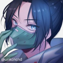 Rule 34 | 1girl, animification, apex legends, blue eyes, chanms, gloves, hair behind ear, head tilt, highres, jacket, looking at viewer, mask, mouth mask, official alternate costume, parted bangs, quarantine 722 wraith, solo, twitter username, white jacket, wraith (apex legends)