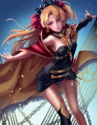 Rule 34 | 1girl, armpits, asymmetrical legwear, asymmetrical sleeves, bare shoulders, black dress, black thighhighs, blonde hair, bow, breasts, cape, chain, dress, dutch angle, earrings, ereshkigal (fate), fate/grand order, fate (series), frilled cape, fur-trimmed cape, fur trim, gluteal fold, gold trim, hair bow, highres, infinity symbol, jewelry, long hair, looking to the side, multicolored cape, multicolored clothes, nai zi, outstretched arms, parted bangs, red bow, red cape, red eyes, single sleeve, single thighhigh, skull, sky, small breasts, smile, solo, spine, standing, thighhighs, tiara, two side up, uneven legwear, uneven sleeves, yellow cape