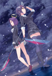 Rule 34 | 10s, 2girls, boots, checkered clothes, checkered necktie, checkered neckwear, eyepatch, glaive (polearm), gloves, halo, hand on own chin, hand on own head, headgear, kantai collection, looking at viewer, mechanical halo, multiple girls, necktie, partially fingerless gloves, pelearme, polearm, purple eyes, purple hair, short hair, standing, standing on liquid, sword, tatsuta (kancolle), tenryuu (kancolle), thighhighs, weapon, yasuto (eria151), yellow eyes, zettai ryouiki