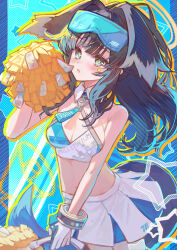 Rule 34 | 1girl, animal ears, bangle, bare arms, bare shoulders, black hair, blue archive, blue eyes, blush, bracelet, breasts, cheerleader, cleavage, cowboy shot, crop top, dog ears, dog girl, dog tail, eyewear on head, gloves, goggles, goggles on head, halo, hand up, hibiki (blue archive), hibiki (cheer squad) (blue archive), highres, jewelry, long hair, looking at viewer, medium breasts, millennium cheerleader outfit (blue archive), navel, official alternate costume, open mouth, pom pom (cheerleading), qc6, skirt, sleeveless, smile, solo, standing, tail, two-tone skirt, white gloves, white skirt