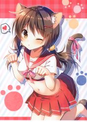 Rule 34 | 1girl, absurdres, animal ear fluff, animal ears, black footwear, breasts, brown eyes, brown hair, cat ears, cat girl, cat tail, collarbone, crop top, hair ornament, hair scrunchie, hands up, heart, highres, leg up, loafers, long hair, looking at viewer, low twintails, mauve, medium breasts, midriff, miniskirt, navel, one eye closed, original, parted lips, paw pose, paw print, paw print background, pleated skirt, red sailor collar, red skirt, ribbon, sailor collar, scan, school uniform, scrunchie, serafuku, shirt, shoes, short sleeves, skirt, solo, spoken heart, stomach, tail, tail ornament, tail ribbon, twintails, white shirt, x hair ornament