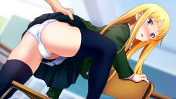 Rule 34 | 1girl, blonde hair, blue eyes, blurry, blurry background, blush, chair, classroom, clothes lift, desk, embarrassed, from behind, game cg, indoors, legs, lifting another&#039;s clothes, long hair, original, out of frame, panties, psy-min appli -akumu no netorare game-, sameda koban, school uniform, shidou ema, skirt, skirt lift, thighhighs, thighs, underwear