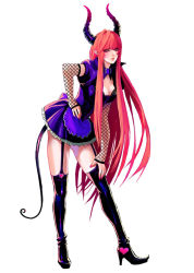 Rule 34 | 1girl, boots, breasts, collar, detached sleeves, face, fishnets, garter straps, heart, high heel boots, high heels, horns, long hair, nail polish, pink nails, pointy ears, red hair, shoes, sideboob, solo, tail, thighhighs, ueda toraji