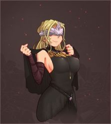 Rule 34 | 1girl, black dress, blindfold, blonde hair, breasts, brown background, capelet, cloak, closed mouth, covered erect nipples, covered eyes, cropped torso, dark souls (series), dark souls iii, detached sleeves, dress, embers, fire keeper, highres, jewelry, justrube, large breasts, long hair, mask, necklace, pendant, sideboob, smile, solo