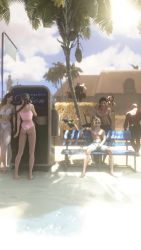 Rule 34 | 3d, 3girls, absurdres, aerith gainsborough, ass, barefoot, barret wallace, bench, bikini, black hair, blonde hair, blue bench, blue male swimwear, blue swim trunks, braid, braided ponytail, breasts, brown hair, buster sword, cloak, cloud, cloud strife, cloudy sky, costa del sol, final fantasy, final fantasy vii, final fantasy vii remake, frilled bikini, frills, full body, hand on another&#039;s shoulder, highres, large breasts, long hair, male swimwear, materia, multiple boys, multiple girls, on bench, outdoors, palm tree, pink bikini, planted, red cloak, red xiii, sand, silverelitist, sitting, sky, spiked hair, square enix, standing, sunglasses, sunlight, swim trunks, swimsuit, tifa lockhart, topless male, tree, vending machine, vincent valentine, visor cap, white bikini, yuffie kisaragi, zack fair