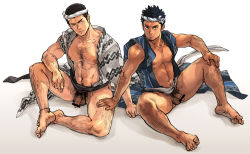 Rule 34 | 2boys, 329, abs, anklet, bad id, bad pixiv id, bara, barefoot, black hair, body hair, bottomless, censored, chest hair, dark-skinned male, dark skin, facial hair, flaccid, full body, goatee, gradient background, hachimaki, hairy legs, hand on another&#039;s leg, hand on another&#039;s thigh, headband, japanese clothes, jewelry, leg hair, looking at viewer, male focus, male pubic hair, multiple boys, muscular, navel, nejiri hachimaki, no pants, original, penis, pubic hair, simple background, sitting, sleeves rolled up, testicles