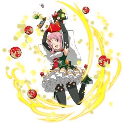 Rule 34 | 1girl, ;d, armpits, arms up, black thighhighs, box, capelet, detached sleeves, dress, full body, gift, gift box, green footwear, hair ornament, highres, layered dress, lisbeth (sao), one eye closed, open mouth, pink hair, red eyes, short hair with long locks, sidelocks, sleeveless, sleeveless dress, smile, solo, sword art online, thighhighs, transparent background