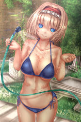 Rule 34 | 1girl, alice margatroid, bikini, blonde hair, blue bikini, blue eyes, blush, breasts, brick wall, collarbone, cowboy shot, gluteal fold, grass, hair between eyes, hairband, hands up, head tilt, highres, hip focus, hose, large breasts, looking at viewer, outdoors, plant, potted plant, short hair, shounen (hogehoge), smile, solo, stomach, string bikini, swimsuit, thighs, touhou, walkway, water