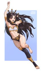 Rule 34 | 1girl, armlet, armpits, arms up, artist name, bandeau, bare shoulders, bikini, black bikini, black bow, black hair, black legwear, blue background, blush, border, bow, breasts, carlo montie, collarbone, commentary, detached collar, detached sleeves, earrings, fate/grand order, fate (series), female focus, floating, full body, hair bow, highres, hoop earrings, ishtar (fate), jewelry, long hair, looking at viewer, mismatched bikini, navel, open mouth, parted bangs, red eyes, simple background, single detached sleeve, small breasts, solo, stirrup legwear, stomach, strapless, strapless bikini, swimsuit, toeless legwear, two side up, v-shaped eyebrows, very long hair, white bikini, white border, wide hips