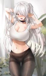 Rule 34 | 1girl, absurdres, arm behind head, arms up, bad id, bad pixiv id, black choker, blurry, blurry background, blush, breasts, brown pantyhose, choker, cleavage, collarbone, cowboy shot, crop top, depth of field, embarrassed, gluteal fold, hair over one eye, hands in hair, harusame (user wawj5773), highres, huge filesize, large breasts, long hair, looking at viewer, midriff, mole, mole on breast, navel, no pants, nose blush, open mouth, original, pantyhose, pink eyes, red eyes, shirt, short sleeves, solo, standing, stomach, sweat, thigh gap, thighband pantyhose, two side up, wet, white hair, white shirt
