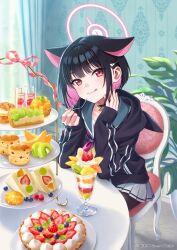 Rule 34 | 1girl, animal ears, black choker, black hair, black jacket, black pantyhose, blue archive, cat ears, choker, closed mouth, food, fork, halo, holding, holding fork, hood, hooded jacket, ice cream, indoors, jacket, kazusa (blue archive), long sleeves, looking at viewer, morikura en, multicolored hair, official art, on chair, pantyhose, pink hair, red eyes, short hair, sitting, skirt, smile, solo, tongue, tongue out, two-tone hair, white skirt