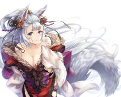 Rule 34 | 1girl, animal ears, bare shoulders, blue eyes, blush, breasts, coffee1223, collarbone, erune, fox ears, fox tail, from above, fur trim, granblue fantasy, hair ornament, hand on own head, long hair, medium breasts, parted lips, silver hair, societte (granblue fantasy), solo, tail, very long hair, white background