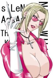 Rule 34 | 1girl, blonde hair, blue eyes, breasts, catsuit, cleavage, collarbone, cross, cross necklace, death by degrees, earrings, female focus, gloves, jewelry, large breasts, lips, lipstick, looking at viewer, makeup, namco, necklace, nina williams, parted lips, pink-tinted eyewear, pink-tinted glasses, pink catsuit, ponytail, simple background, solo, source request, sunglasses, tagme, tekken, tekken 2, tekken 3, tekken 4, tekken 5, tekken 5 (dark resurrection), tekken 7, tekken blood vengeance, tekken bloodline, tekken tag tournament, tekken tag tournament 2, tinted eyewear, upper body, white background, white gloves