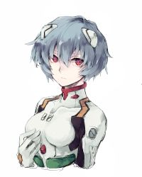 Rule 34 | 1girl, asuna (doruru-mon), ayanami rei, bad id, bad pixiv id, blue hair, bodysuit, breasts, closed mouth, collar, commentary request, facing viewer, gloves, hair between eyes, hair ornament, hairclip, highres, looking at viewer, neon genesis evangelion, plugsuit, red eyes, short hair, simple background, small breasts, solo, turtleneck, upper body, white background, white bodysuit, white gloves