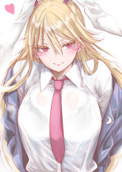 Rule 34 | 1girl, animal ears, bags under eyes, blazer, blonde hair, blue jacket, blush, bra visible through clothes, breasts, chikado, closed mouth, colored eyelashes, commentary request, cosplay, crescent, crescent pin, eyelashes, hair between eyes, heart, highres, jacket, junko (touhou), large breasts, long hair, necktie, off shoulder, open clothes, open jacket, rabbit ears, red eyes, red necktie, reisen udongein inaba, reisen udongein inaba (cosplay), shirt, smile, solo, touhou, tsurime, upper body, very long hair, white background, white shirt