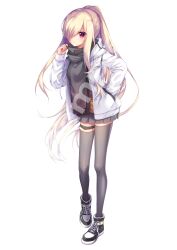 Rule 34 | 1girl, 9-nine-, absurdres, adjusting scarf, alternate costume, alternate hairstyle, amatsuji, asymmetrical legwear, black scarf, blonde hair, commentary request, expressionless, eyes visible through hair, full body, ghost (9-nine-), grey skirt, grey thighhighs, hair over one eye, half updo, hand in pocket, highres, hood, hooded jacket, jacket, light blush, long hair, looking at viewer, miniskirt, open clothes, open jacket, orange shirt, partial commentary, pleated skirt, ponytail, red eyes, sample watermark, scarf, shirt, shoes, sidelocks, simple background, skirt, sleeves past wrists, sneakers, solo, standing, thigh strap, thighhighs, thighs, uneven legwear, very long hair, watermark, white background, white jacket