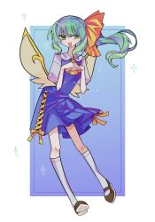 Rule 34 | 1girl, black footwear, blue background, blue dress, commentary, daiyousei, dress, full body, gradient background, green eyes, green hair, hair ribbon, highres, inu x x, long hair, looking at viewer, ponytail, ribbon, short sleeves, socks, solo, touhou, white socks, wings, yellow ribbon