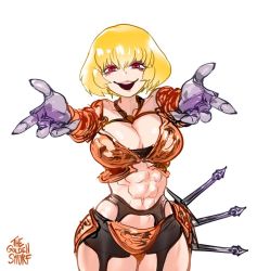 Rule 34 | 1girl, abs, armor, arms at sides, artist name, bandeau, black thighhighs, blonde hair, blood, breasts, cleavage, clementine (overlord), creepy, dagger, garter belt, happy, knife, large breasts, looking at viewer, midriff, muscular, navel, o-ring, o-ring legwear, overlord (maruyama), panties, pogchamp (meme), presenting, red eyes, short hair, sitting, skindentation, smirk, solo, the golden smurf, thick thighs, thighhighs, thighs, underwear, weapon
