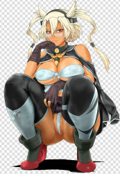 Rule 34 | 10s, 1girl, ass, bare shoulders, between breasts, blonde hair, breasts, budget sarashi, capelet, collar, covered erect nipples, crotch, dark-skinned female, dark skin, fetishy, glasses, gloves, hand on own chin, kantai collection, large breasts, looking to the side, musashi (kancolle), musashi kai (kancolle), red eyes, sarashi, semi-rimless eyewear, short hair, smile, solo, squatting