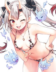 Rule 34 | 1girl, absurdres, animal print, ayaoshiro, bikini, bikini under clothes, black bow, blush, bow, breasts, collarbone, cow print, fang, frilled bow, frills, gradient hair, hair between eyes, hair bow, hand on own hip, highres, hololive, horns, jewelry, long hair, looking at viewer, multicolored hair, nakiri ayame, navel, necklace, one eye closed, oni, open mouth, print bikini, red eyes, red hair, side-tie bikini bottom, simple background, skin-covered horns, small breasts, smile, solo, streaked hair, swimsuit, two-tone hair, virtual youtuber, white background, white hair