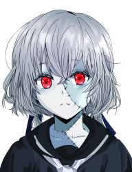 Rule 34 | 10s, colored skin, expressionless, green skin, hair ribbon, highres, konno junko, red eyes, ribbon, school uniform, short hair, silver hair, solo, stitched face, stitched torso, stitches, yuhwa9324, zombie, zombie land saga