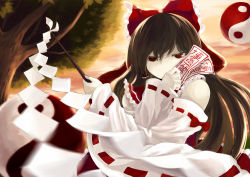 Rule 34 | 1girl, bad id, bad pixiv id, bow, brown hair, covering privates, covering face, detached sleeves, female focus, gohei, hair bow, hakurei reimu, highres, japanese clothes, jitome, miko, pale skin, red eyes, solo, talisman, touhou, tree, yin yang