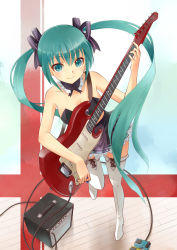 Rule 34 | 1girl, amplifier, aqua eyes, aqua hair, bare shoulders, boots, breasts, cleavage, detached collar, guitar, hair ribbon, hatsune miku, instrument, kakuno, long hair, medium breasts, plectrum, ribbon, skirt, solo, standing, standing on one leg, thigh boots, thighhighs, twintails, very long hair, vocaloid, white thighhighs