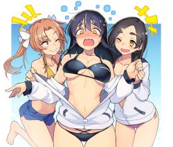 Rule 34 | 3girls, ;), ;d, bare shoulders, barefoot, bikini, black bikini, black hair, blue background, blue shorts, blush, border, breasts, brown eyes, brown hair, collarbone, commentary request, cowboy shot, hair between eyes, hair ornament, hair ribbon, hairclip, jacket, kagerou (kancolle), kantai collection, kuroshio (kancolle), long hair, long sleeves, looking at another, looking at viewer, medium breasts, multiple girls, navel, nose blush, off shoulder, one eye closed, open mouth, outside border, oyashio (kancolle), pink bikini, ribbon, short shorts, shorts, smile, standing, stomach, swimsuit, taketora suzume, tears, thick eyebrows, thighs, twintails, white border, white jacket, white ribbon, yellow bikini, yellow eyes