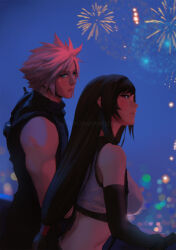 Rule 34 | 1boy, 1girl, armor, bare shoulders, black gloves, black hair, black sports bra, blonde hair, blue eyes, blue sky, blurry, blurry background, breasts, closed mouth, cloud strife, commentary, couple, crop top, elbow gloves, final fantasy, final fantasy vii, final fantasy vii rebirth, final fantasy vii remake, fireworks, from side, gloves, highres, large breasts, light blush, long hair, looking at another, looking to the side, midriff, night, night sky, parted lips, red eyes, short hair, shoulder armor, single bare shoulder, skirt, sky, sleeveless, sleeveless turtleneck, spiked hair, sports bra, spykeee, suspender skirt, suspenders, sweater, tank top, tifa lockhart, turtleneck, turtleneck sweater, white tank top