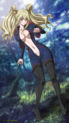 Rule 34 | 1girl, areola slip, black thighhighs, blonde hair, blue eyes, bodysuit, boots, breasts, cleavage, code geass, code geass: boukoku no akito, high heels, highres, kaname aomame, large breasts, leila malcal, long hair, navel, open bodysuit, open clothes, outdoors, smile, solo, thigh boots, thighhighs, twintails