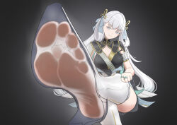 1girl absurdres boots feet glass_slipper grey_eyes highres jinhsi_(wuthering_waves) light_smile long_hair looking_at_viewer shoes soles thigh_boots toes transparent_shoes treadml white_hair wuthering_waves x-ray