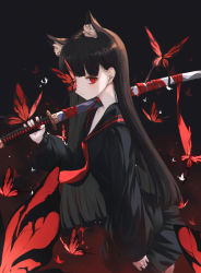 Rule 34 | 1girl, animal ears, bad id, bad pixiv id, black background, black hair, black serafuku, black shirt, black skirt, blunt bangs, bug, butterfly, butterfly on head, cat ears, collarbone, extra ears, from side, hand up, highres, holding, holding sword, holding weapon, insect, katana, long hair, long sleeves, looking at viewer, multicolored background, nail polish, neon (pixiv 31150749), original, over shoulder, red background, red butterfly, red eyes, red nails, red neckwear, sailor collar, school uniform, serafuku, shirt, skirt, solo, sword, sword over shoulder, very long hair, weapon, weapon over shoulder