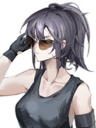 Rule 34 | 1girl, angelia (girls&#039; frontline), bare shoulders, black gloves, black hair, black tank top, breasts, brown-tinted eyewear, character request, closed mouth, collarbone, commentary request, girls&#039; frontline, gloves, hair between eyes, hand up, highres, looking at viewer, luoyuyaoouruola, medium breasts, ponytail, simple background, solo, sunglasses, tank top, tinted eyewear, upper body, v-shaped eyebrows, white background