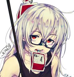 Rule 34 | 1girl, bags under eyes, black-framed eyewear, black shirt, blood, blood bag, bow, commentary request, glasses, highres, kotoribako, looking at viewer, mouth hold, original, red eyes, scar, shirt, signature, silver hair, simple background, solo, torn clothes, white background