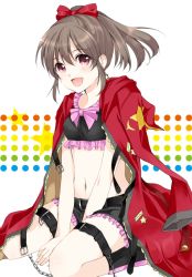 Rule 34 | 10s, 1girl, :d, bad id, bad pixiv id, belt, between legs, blush, bow, bowtie, brown hair, buckle, hand between legs, hori yuko, idolmaster, idolmaster cinderella girls, jacket, navel, open clothes, open jacket, open mouth, pink bow, pink bowtie, ponytail, red eyes, red jacket, short hair, sitting, smile, solo, tareme, thigh strap, wariza