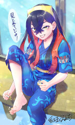 Rule 34 | 1girl, barefoot, black hair, carmine (pokemon), creatures (company), e kougyoku, fanny pack, feet, game freak, grin, hairband, highres, japanese clothes, jinbei (clothes), long hair, looking at viewer, multicolored hair, nail polish, nintendo, official alternate costume, pokemon, pokemon sv, sandals, short sleeves, shorts, smile, soles, toenail polish, toenails, toes, translated, two-tone hair, unworn sandals, yellow eyes, yellow hairband