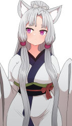 Rule 34 | 1girl, animal ears, blush, bow, breasts, closed mouth, commentary, grey bow, grey hair, grey kimono, hair bow, highres, japanese clothes, kimono, large breasts, long hair, long sleeves, obi, parted bangs, ponytail, purple eyes, sash, simple background, sleeves past fingers, sleeves past wrists, solo, standing, sumiyao (amam), touhoku itako, very long hair, voiceroid, white background, wide sleeves
