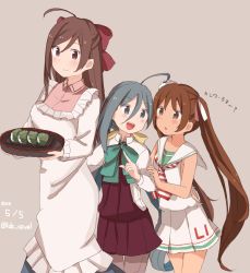 Rule 34 | 10s, 2016, 3girls, :d, ahoge, apron, artist name, blue hair, blush, bow, bowtie, brown eyes, brown hair, clothes writing, dated, dress, food, grey eyes, grey hair, hair between eyes, hair bow, hair ribbon, hand on another&#039;s arm, highres, index finger raised, kantai collection, kappougi, kashiwa mochi (food), kiyoshimo (kancolle), kodomo no hi, libeccio (kancolle), long hair, low twintails, mamiya (kancolle), multicolored hair, multiple girls, neckerchief, open mouth, ribbon, riz (ravel dc), sailor dress, shirt, simple background, sleeveless, sleeveless dress, smile, striped neckerchief, translation request, tray, twintails, twitter username, very long hair, white shirt