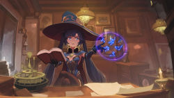 Rule 34 | 1girl, black gloves, black hair, black pantyhose, blue cape, blue hat, blue leotard, blush, book, candle, cape, capricorn (constellation), ceiling light, constellation, crossed legs, desk, detached sleeves, drawing (object), genshin impact, gloves, hat, highres, holding, holding book, indoors, leo (constellation), leotard, libra (constellation), long hair, long sleeves, magic, mona (genshin impact), nero (nilu), open book, pantyhose, paper, parted lips, purple eyes, shelf, sitting, smile, solo, strapless, strapless leotard, thighlet, twintails, very long hair, virgo (constellation), window, witch hat